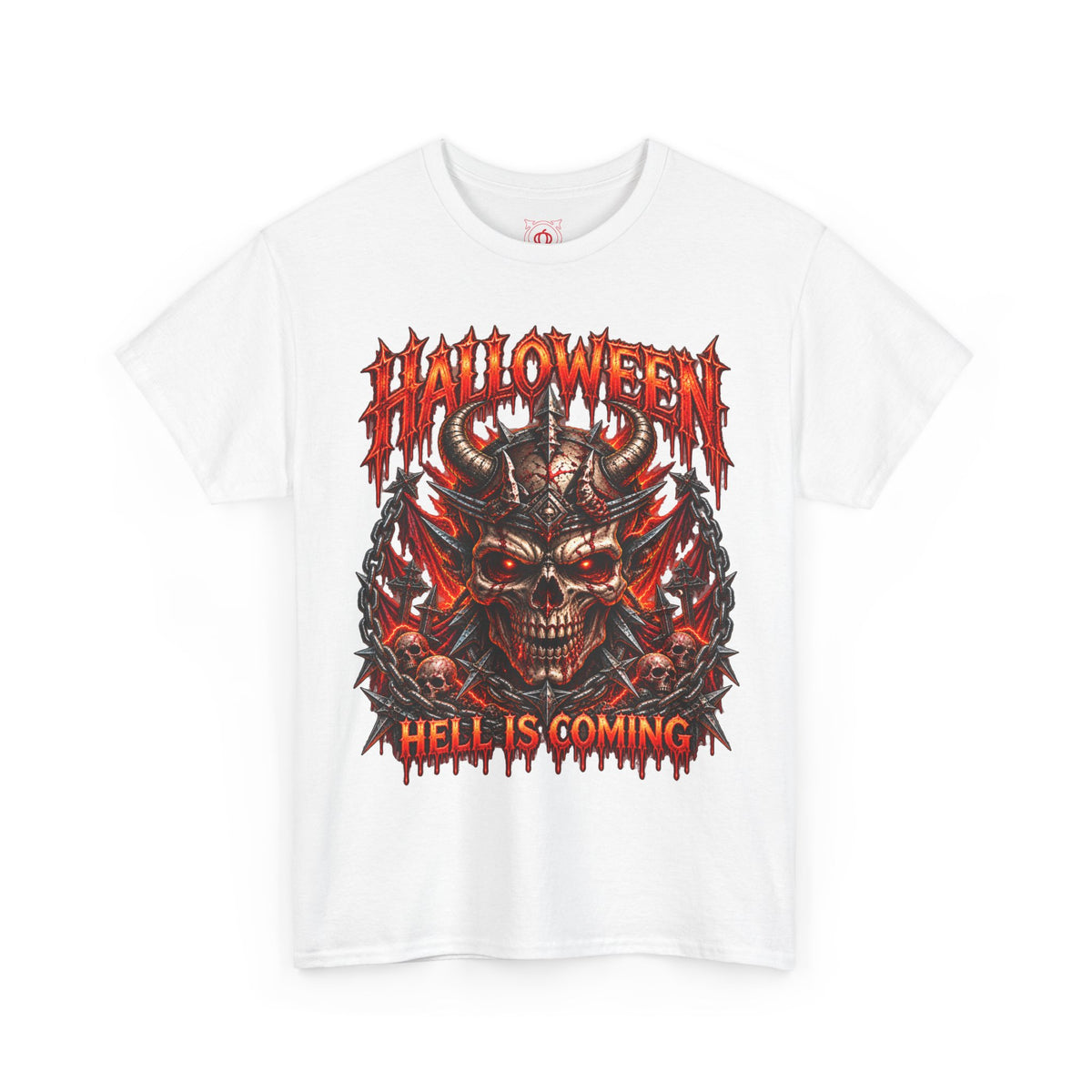 Hell Is Coming Horned Skull T-Shirt in White — front view