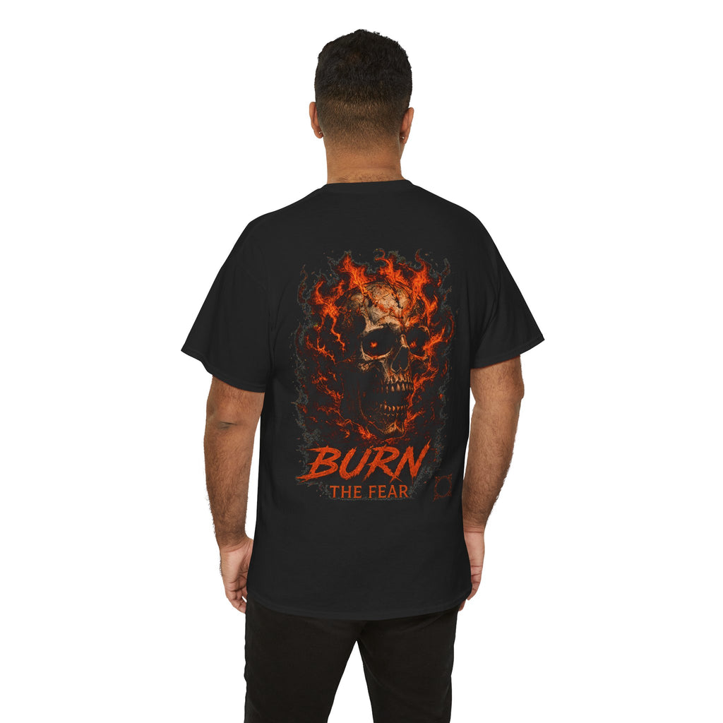 Burn the Fear Flaming Skull T-Shirt in Black — model view