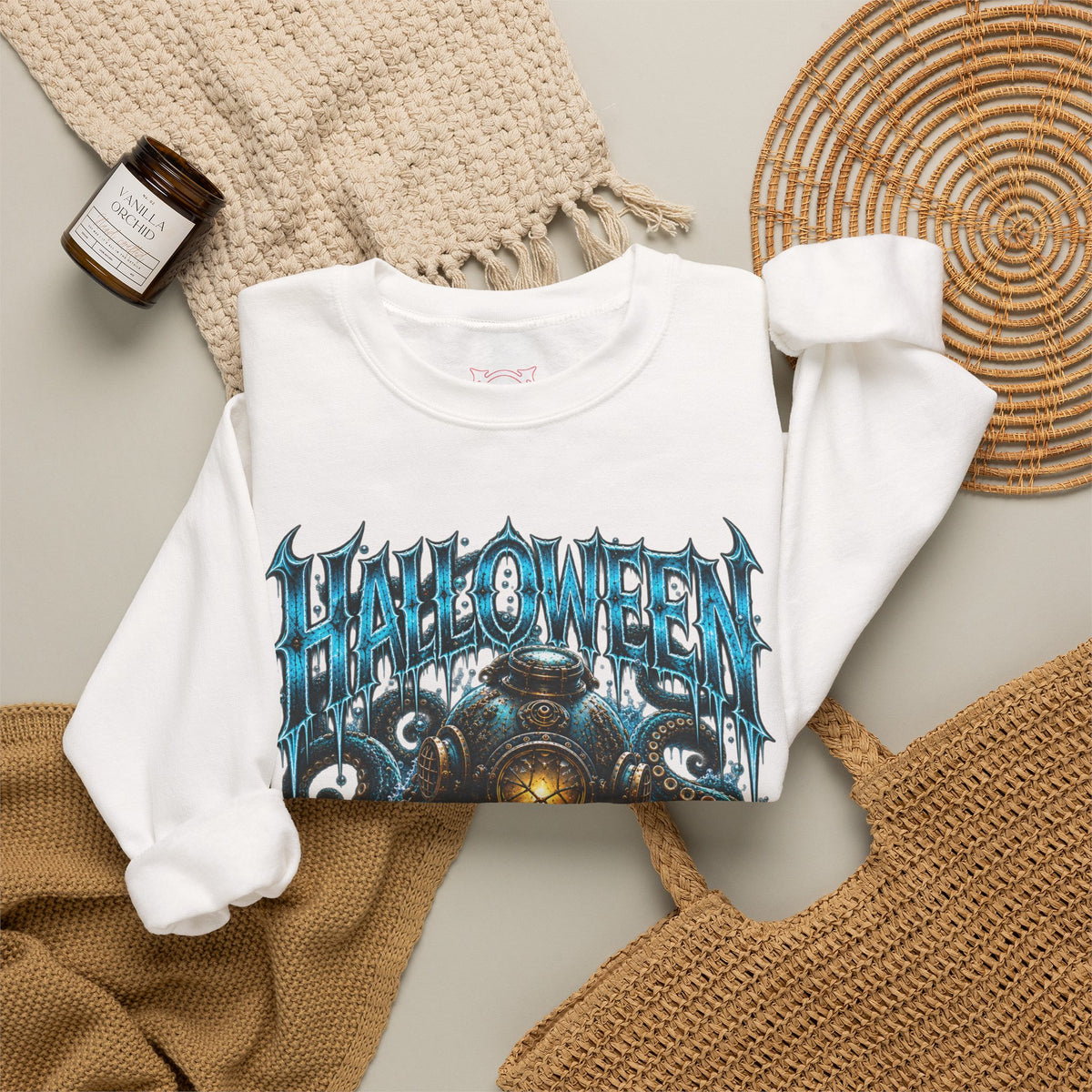 Drown Your Fears Deep Sea Sweatshirt in White — folded view