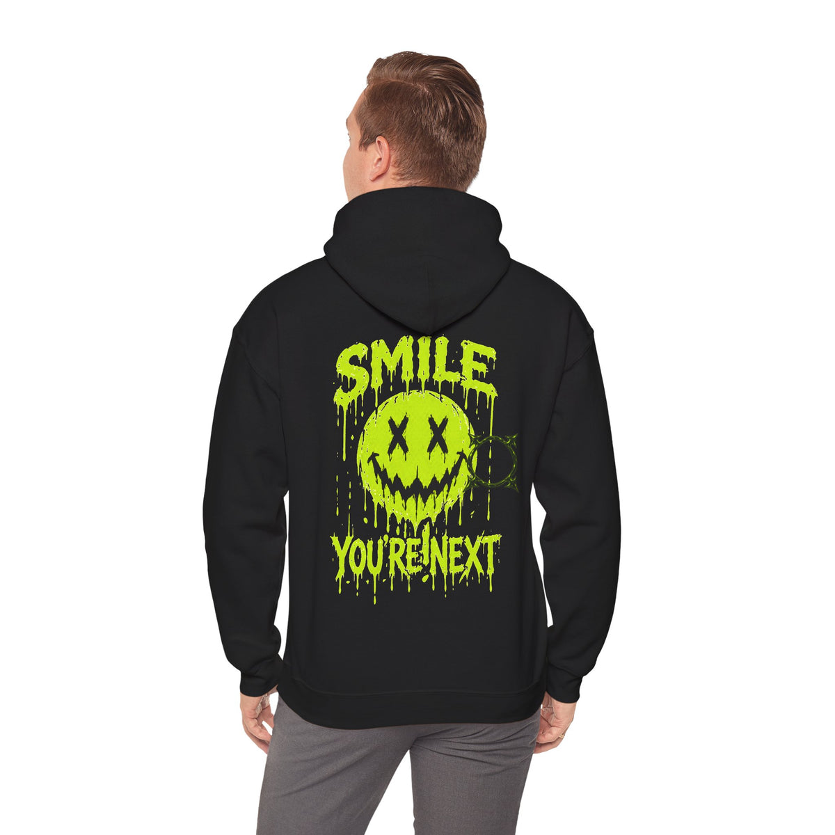 You Are Next Creepy Smiley Hoodie in Black — model view