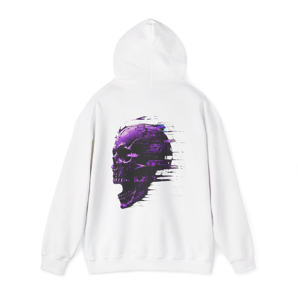 Reality Is Poison Glitch Skull Hoodie in White — back view
