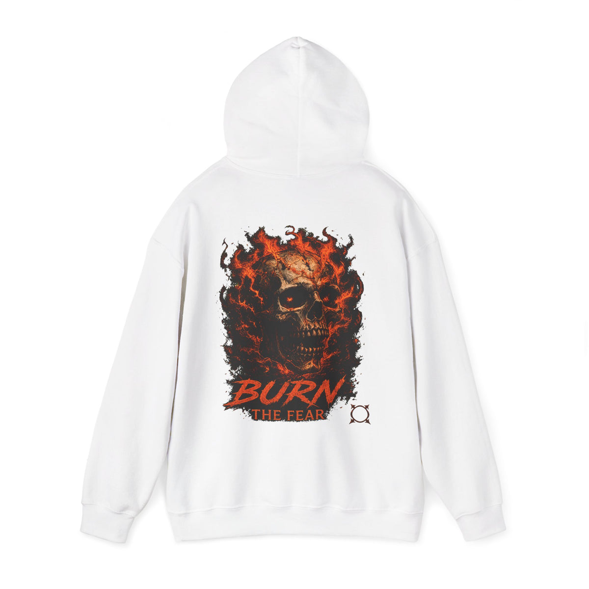 Burn the Fear Flaming Skull Hoodie in White — back view