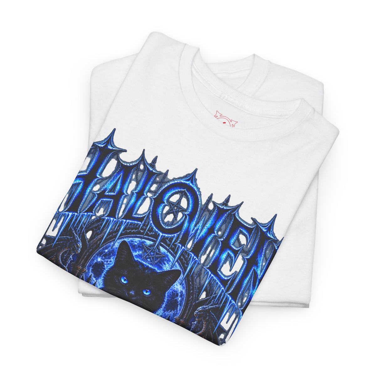 Black Cat Omen T-Shirt in White — folded view
