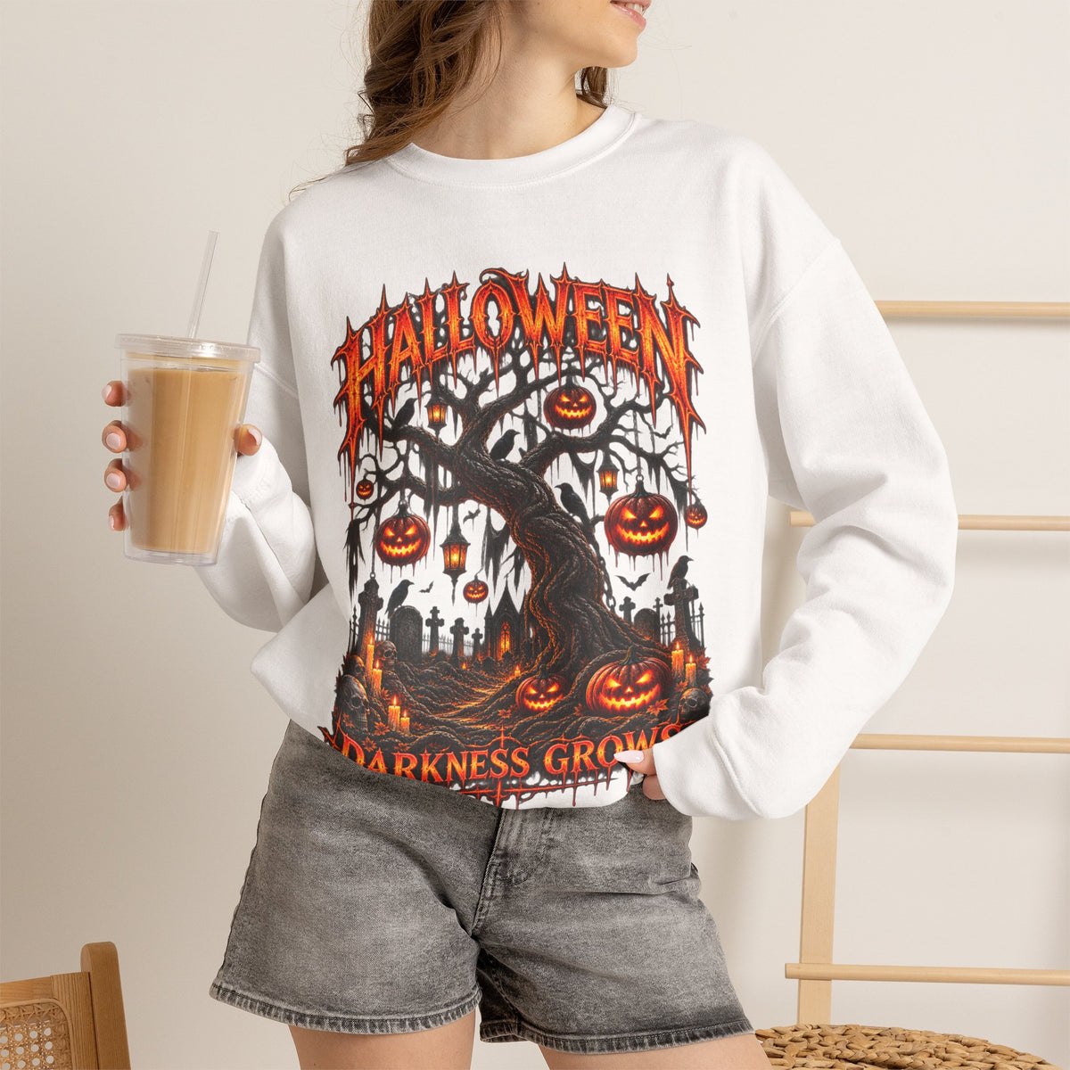 Darkness Grows Pumpkin Tree Sweatshirt in White — model view