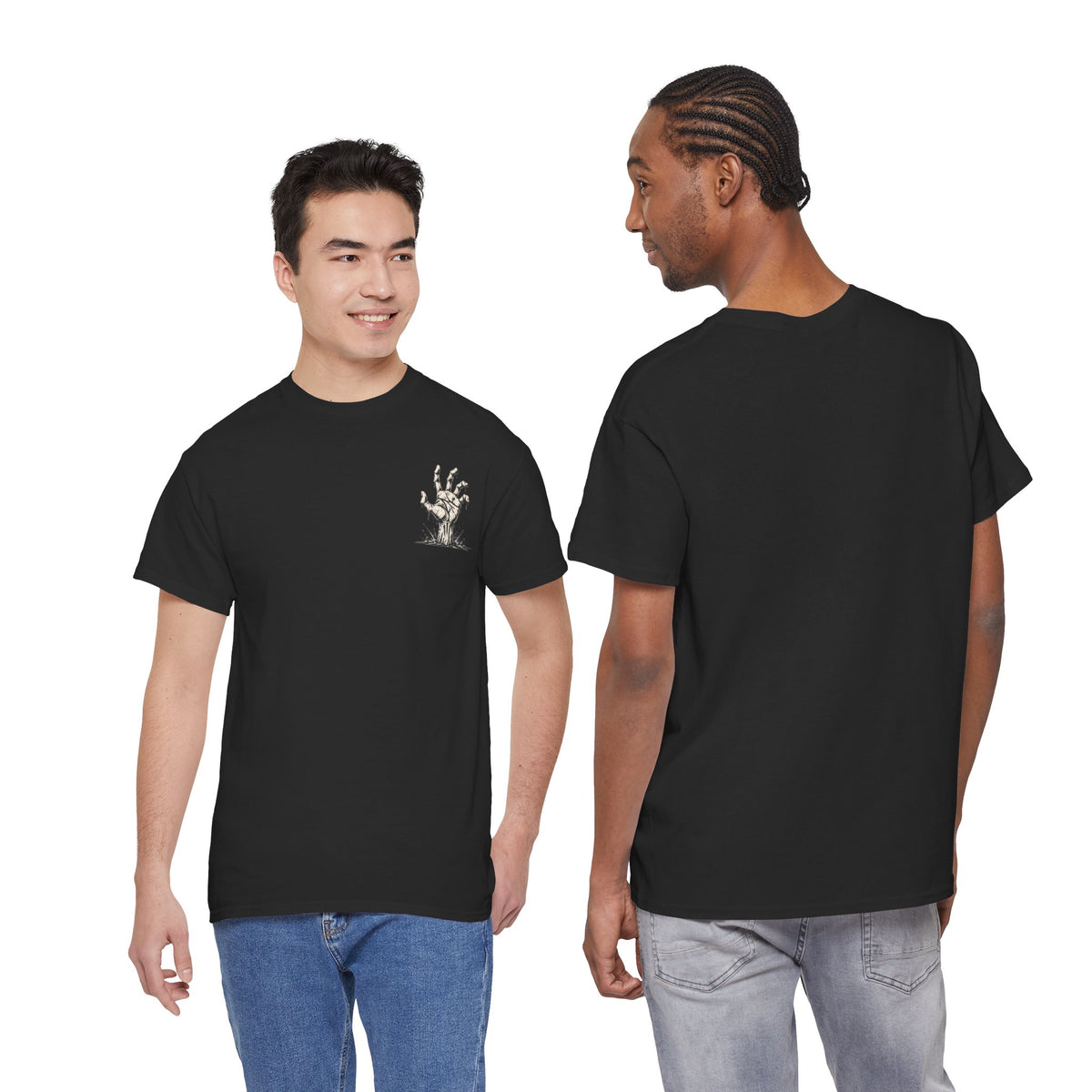 Still Reaching Zombie Hand T-Shirt in Black — model view