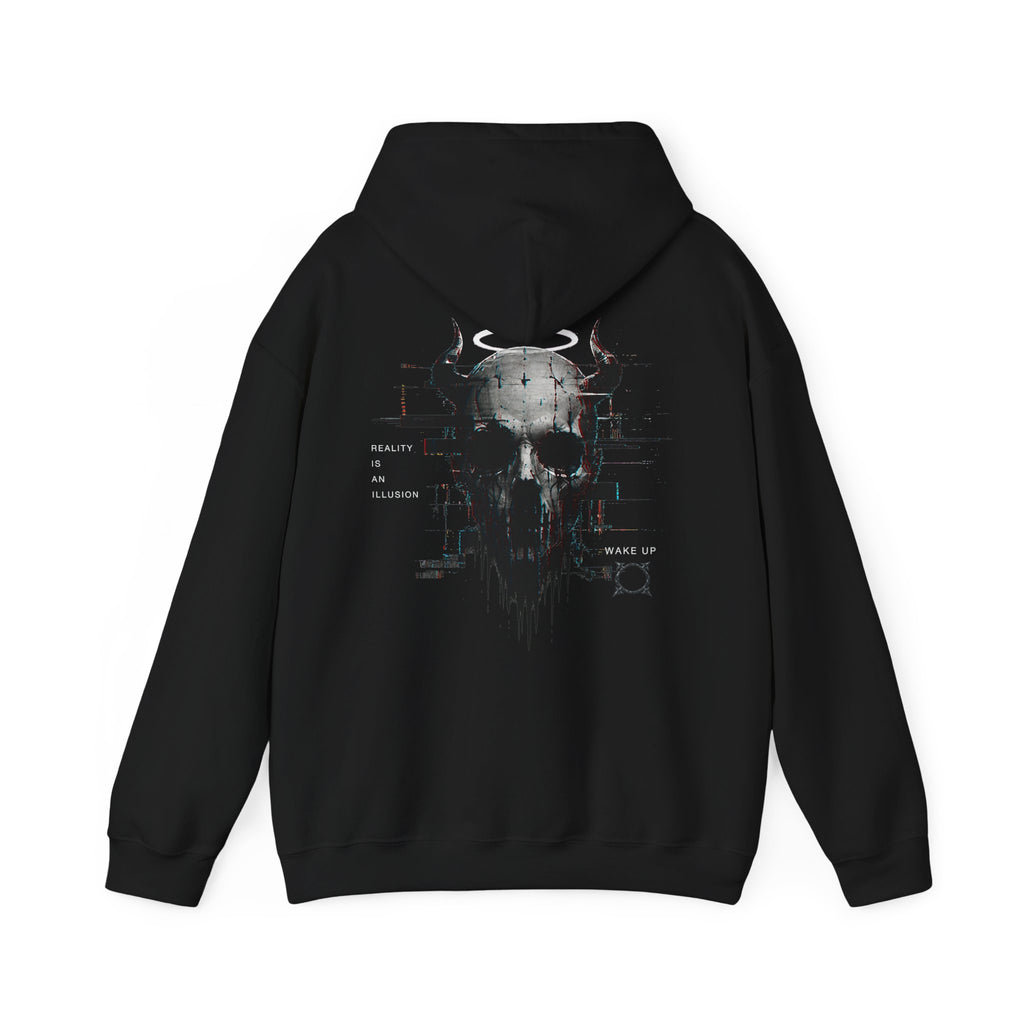 Reality Is an Illusion Glitch Skull Hoodie in Black — back view