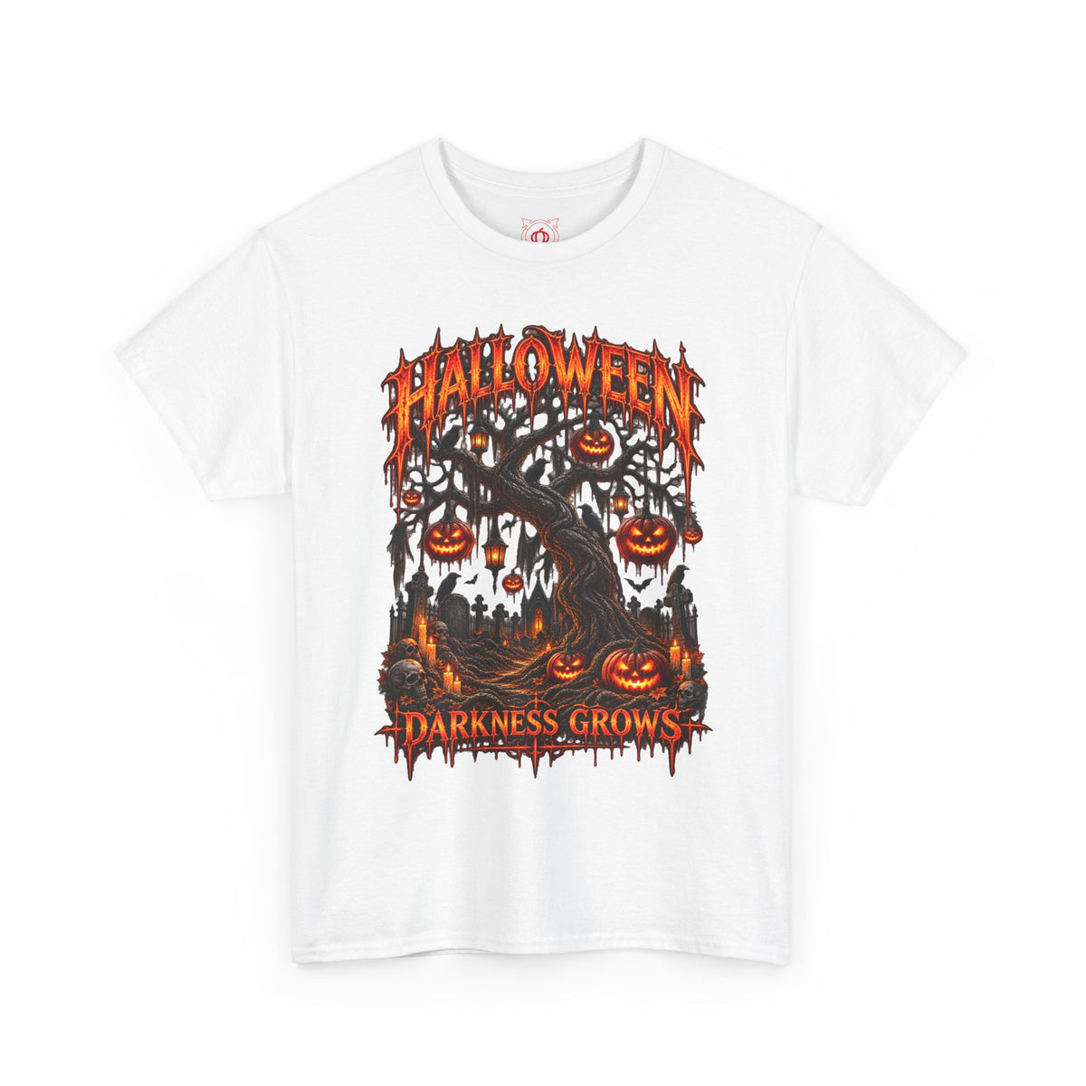 Darkness Grows Pumpkin Tree T-Shirt in White — front view