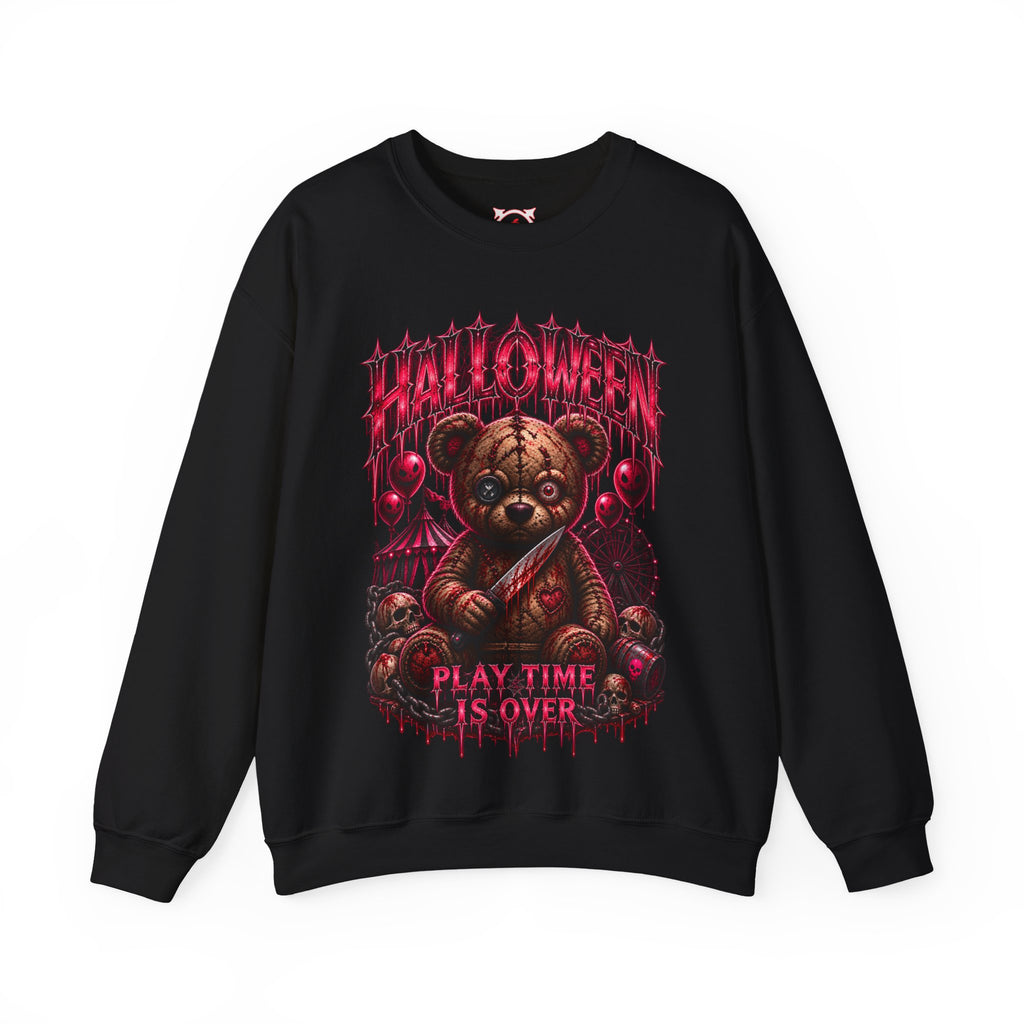 Playtime Is Over Creepy Teddy Bear Sweatshirt in Black — front view