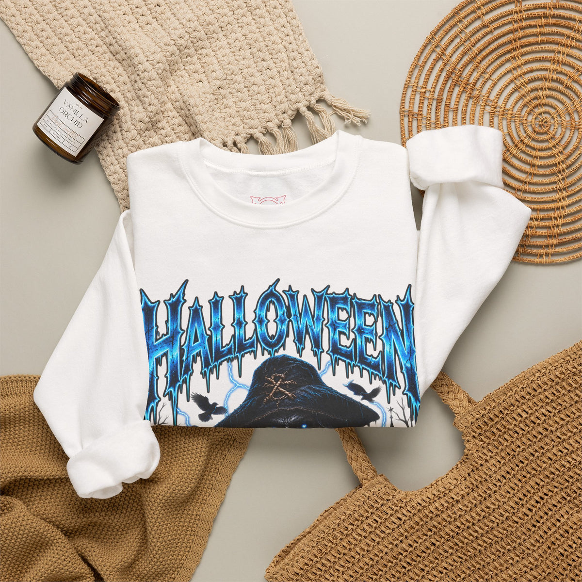 Never Buried Scarecrow Sweatshirt in White — folded view