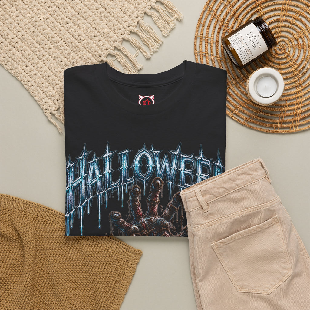 Never Stay Buried Zombie Hand T-Shirt in Black — folded view