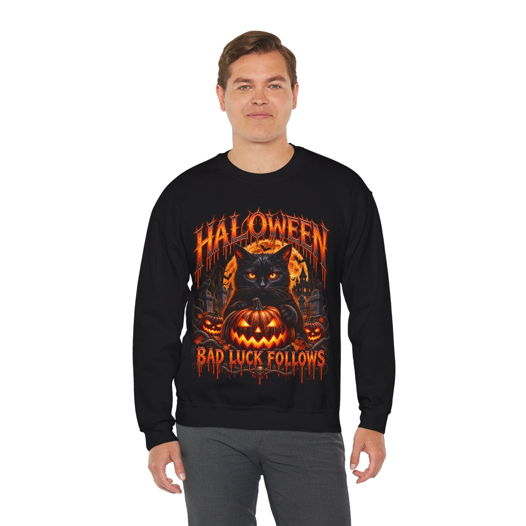Bad Luck Follows Black Cat Sweatshirt in Black — model view