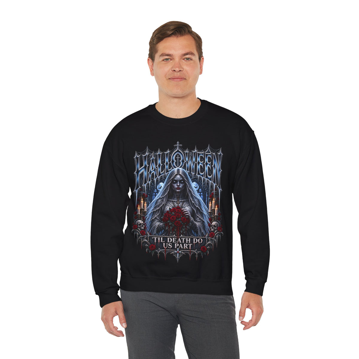 Midnight Vows Gothic Bride Sweatshirt in Black — model view