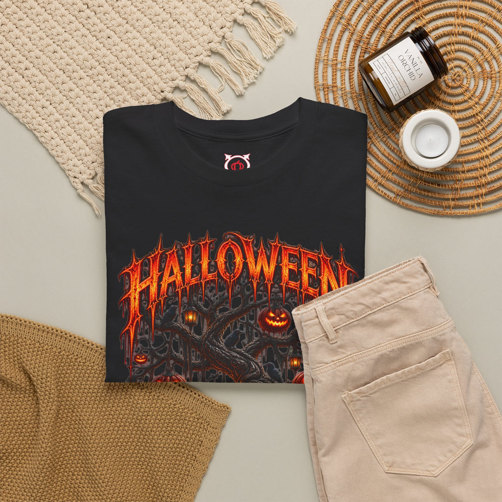Darkness Grows Pumpkin Tree T-Shirt in Black — folded view