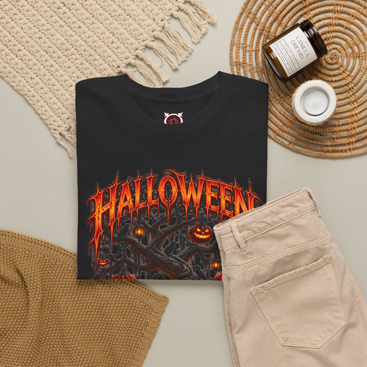 Darkness Grows Pumpkin Tree T-Shirt in Black — folded view