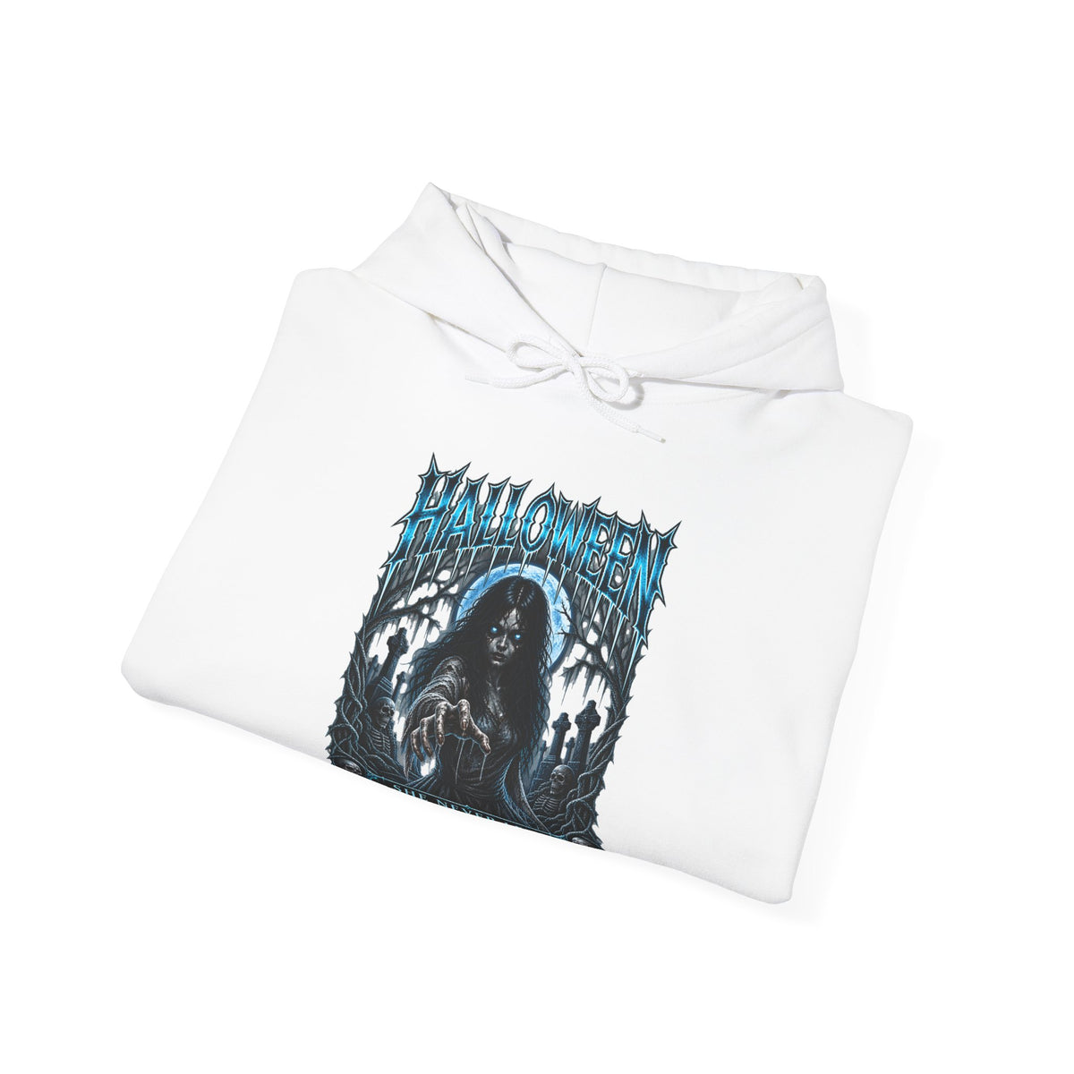 She Never Left Ghost Hoodie in White — folded view
