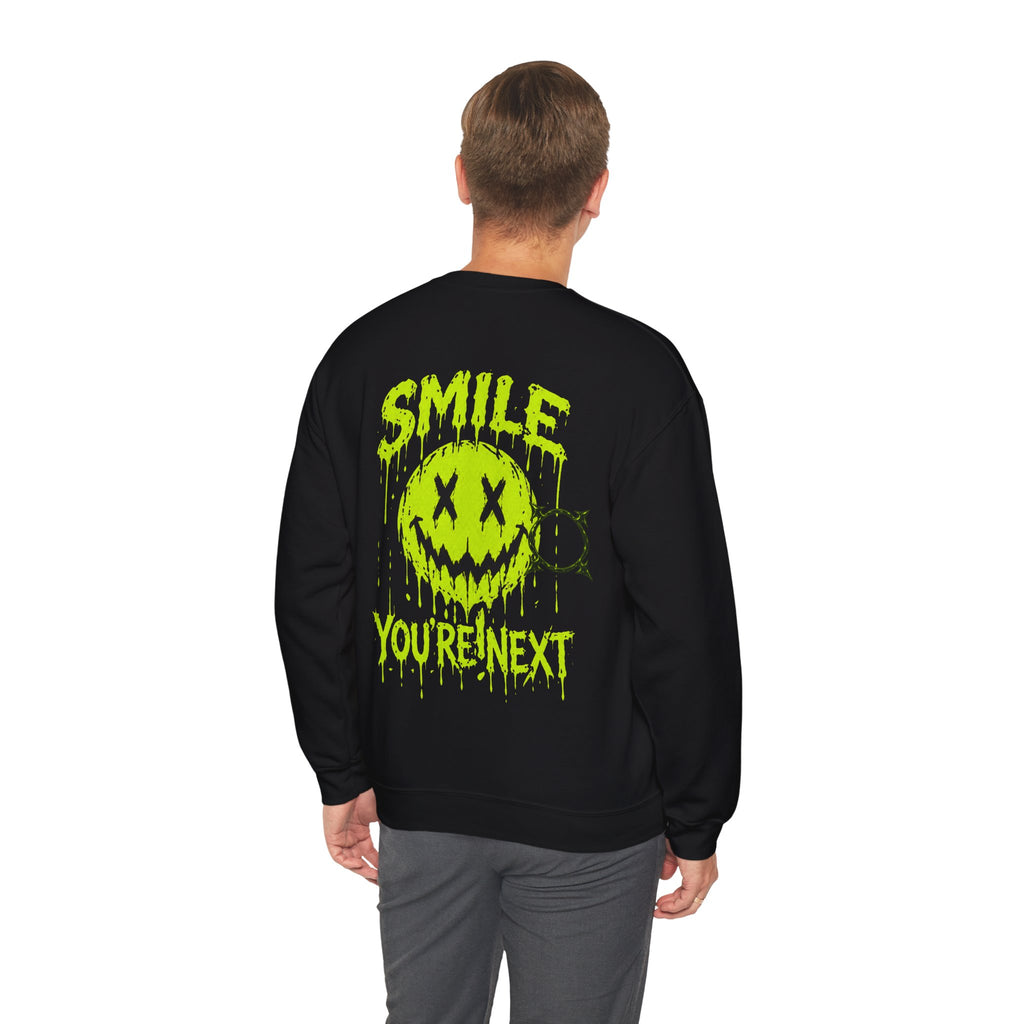 You Are Next Creepy Smiley Sweatshirt in Black — model view