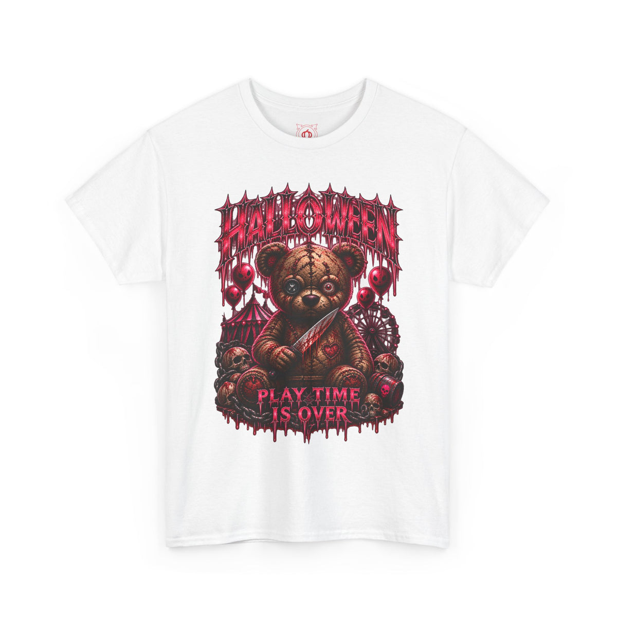 Playtime Is Over Creepy Teddy Bear T-Shirt in White — front view
