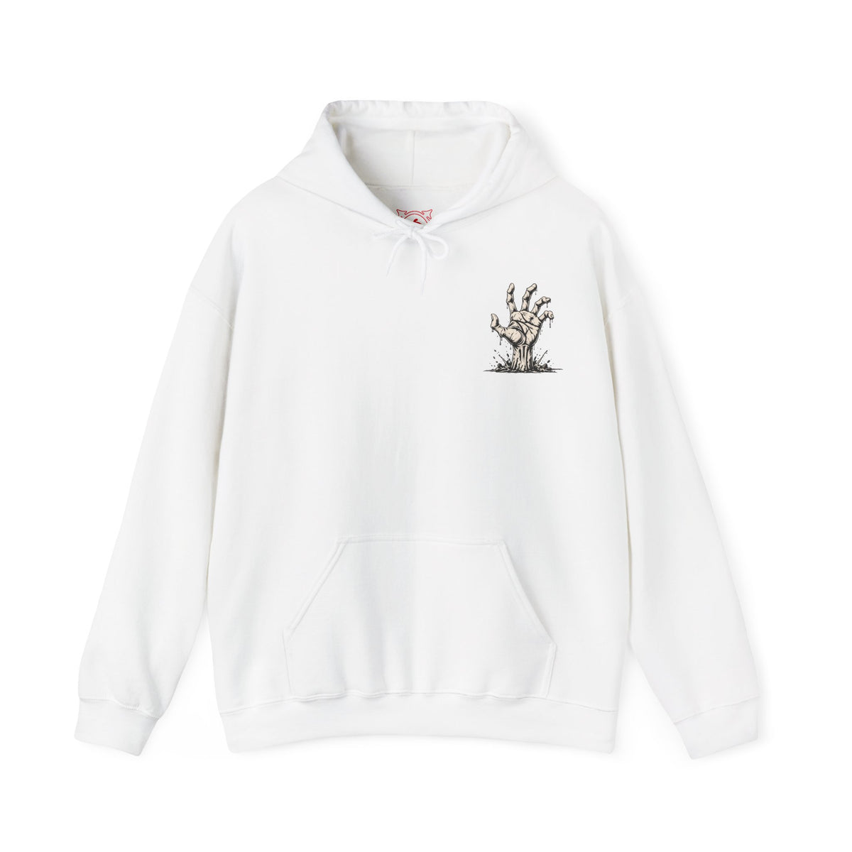 Still Reaching Zombie Hand Hoodie in White — front view