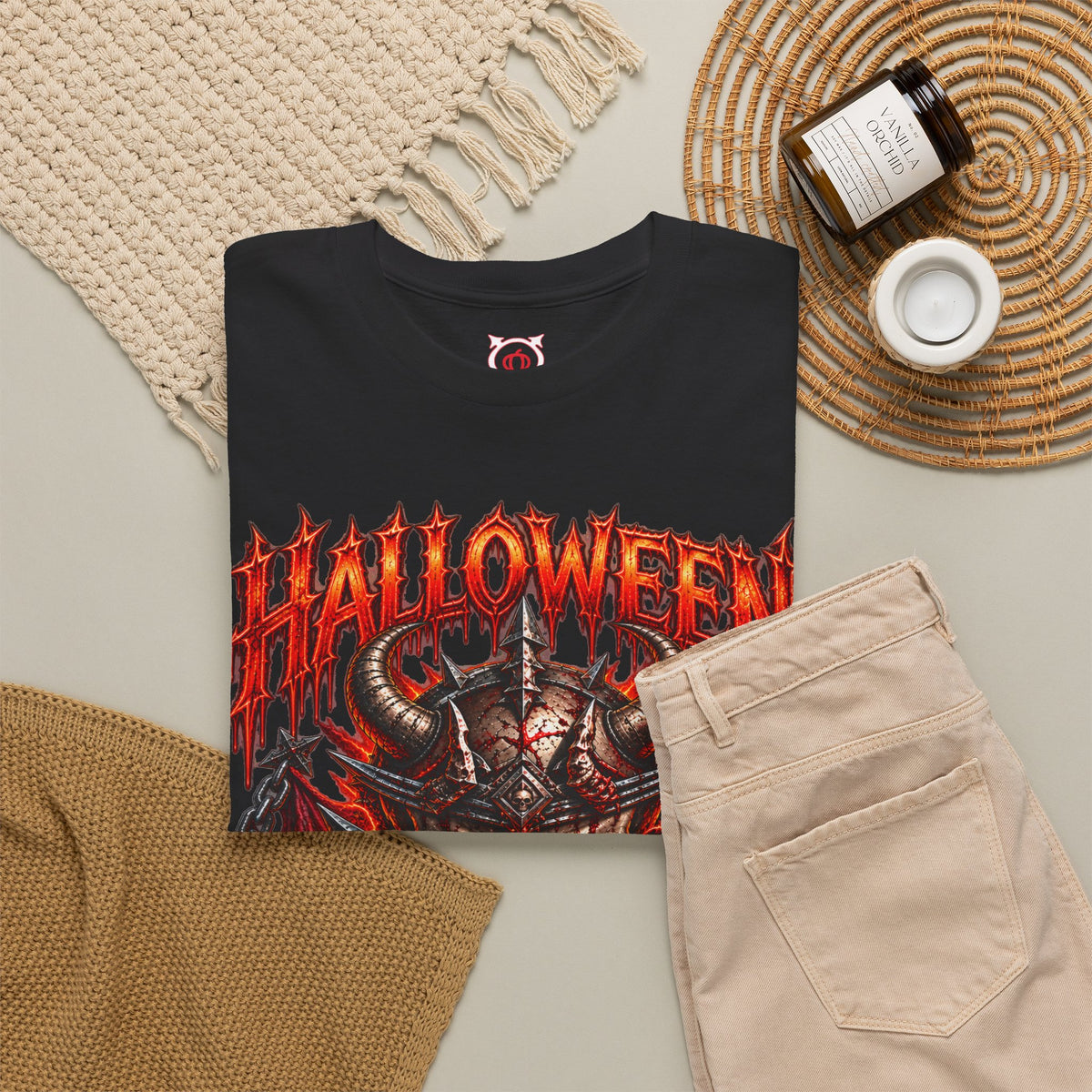 Hell Is Coming Horned Skull T-Shirt in Black — folded view
