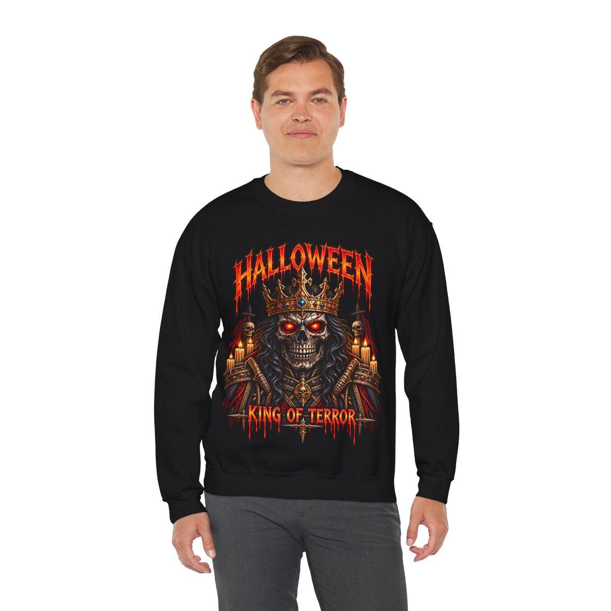 Crowned Terror Skeleton King Sweatshirt in Black — model view