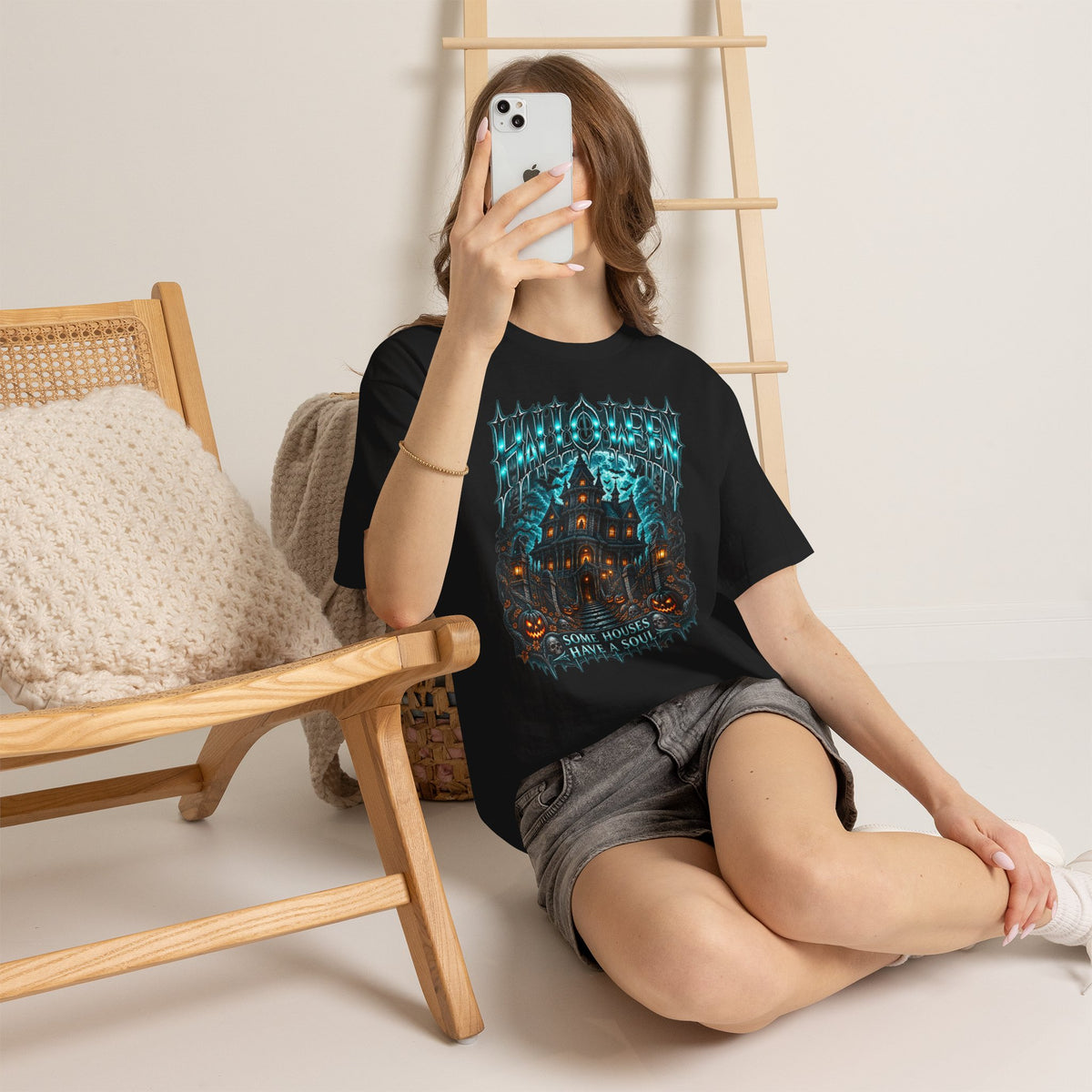 Midnight Manor Haunted House T-Shirt in Black — model view