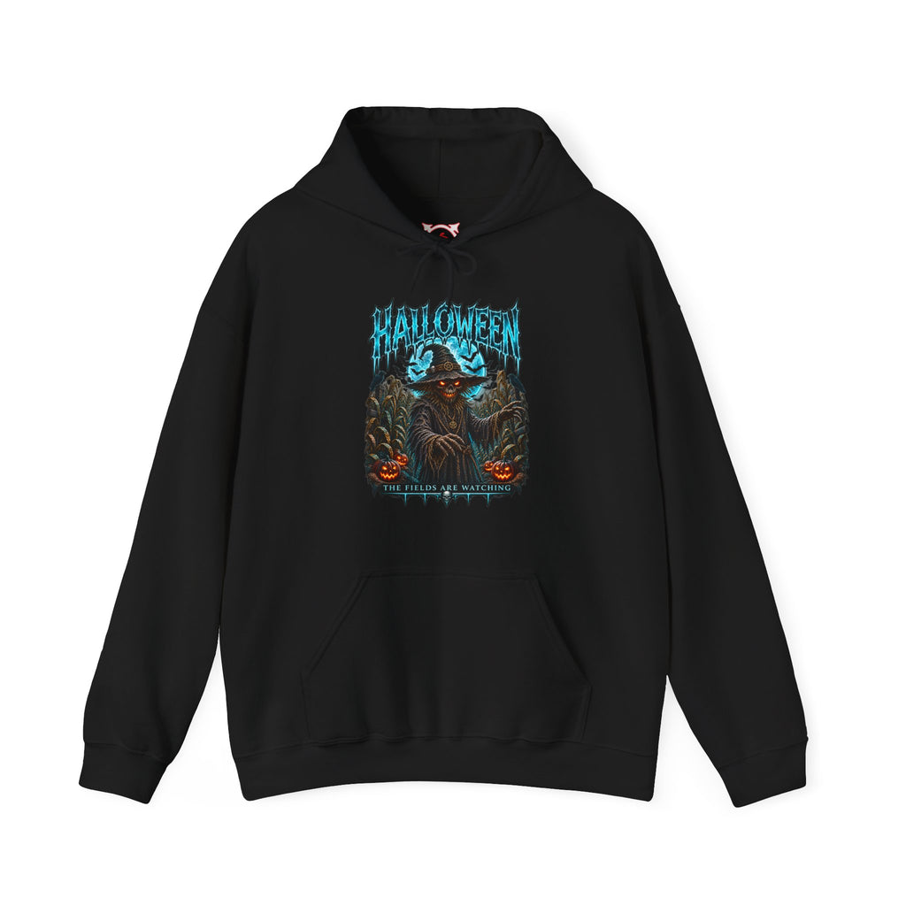 The Fields Are Watching Scarecrow Hoodie in Black — front view