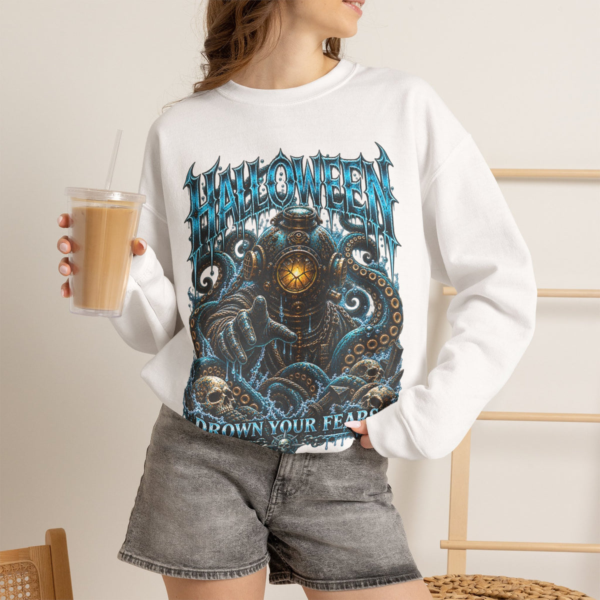Drown Your Fears Deep Sea Sweatshirt in White — model view