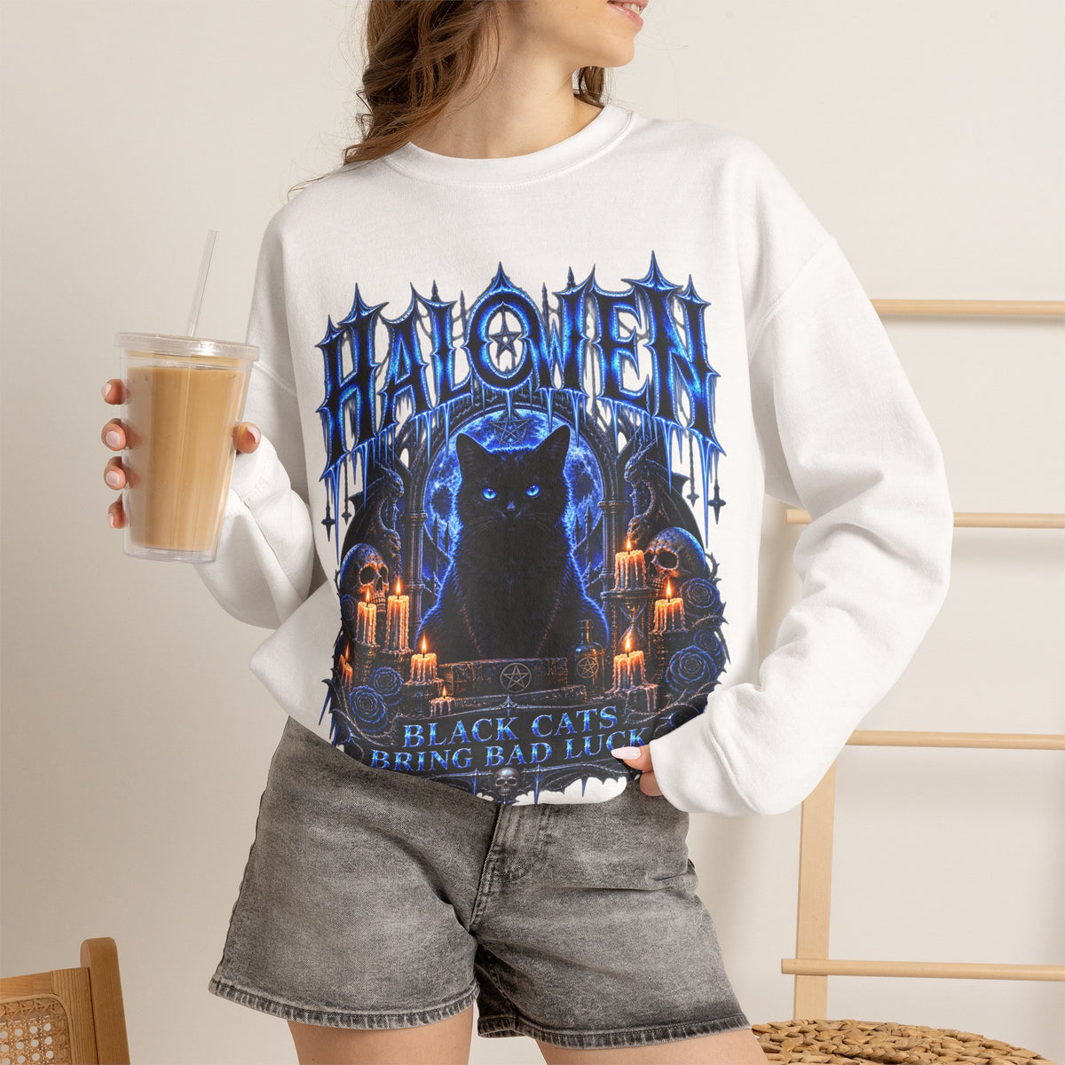 Black Cat Omen Sweatshirt in White — model view