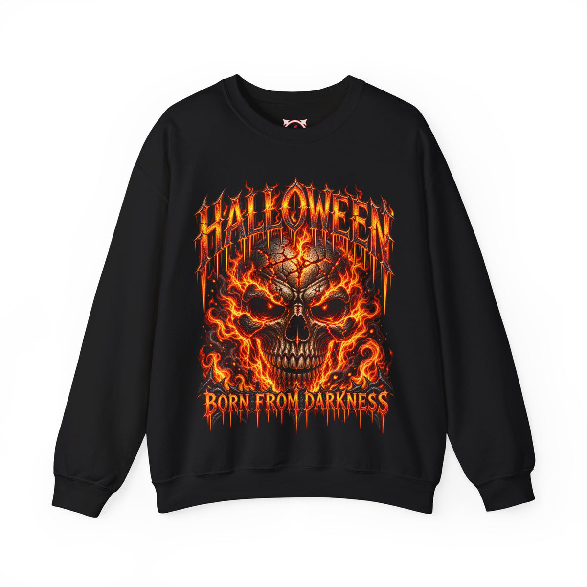 Born from Darkness Flaming Skull Sweatshirt in Black — front view