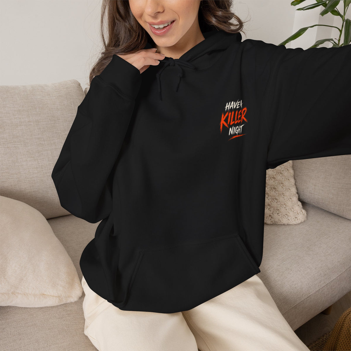 Killer Night Halloween Hoodie in Black — model view