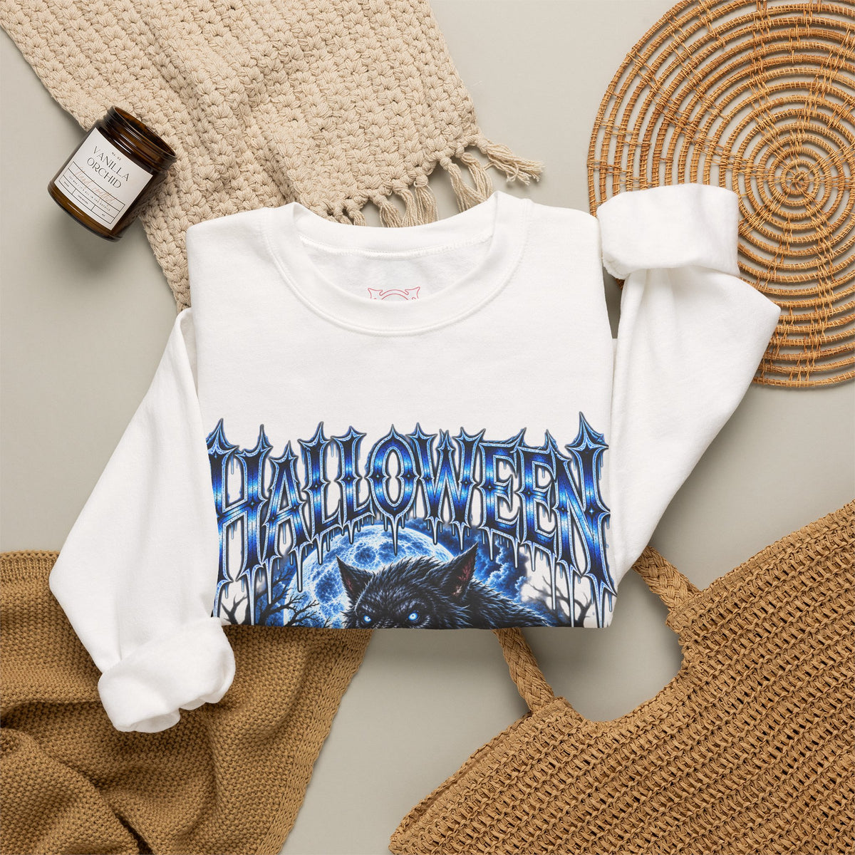 Full Moon Terror Werewolf Sweatshirt in White — folded view