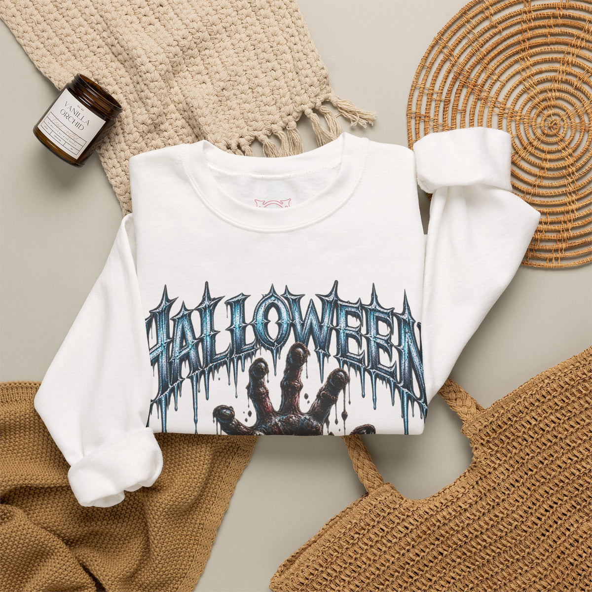 Never Stay Buried Zombie Hand Sweatshirt in White — folded view
