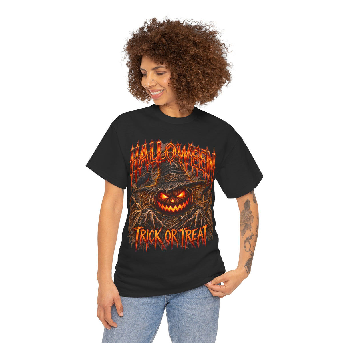 Trick or Treat Pumpkin Scarecrow T-Shirt in Black — model view