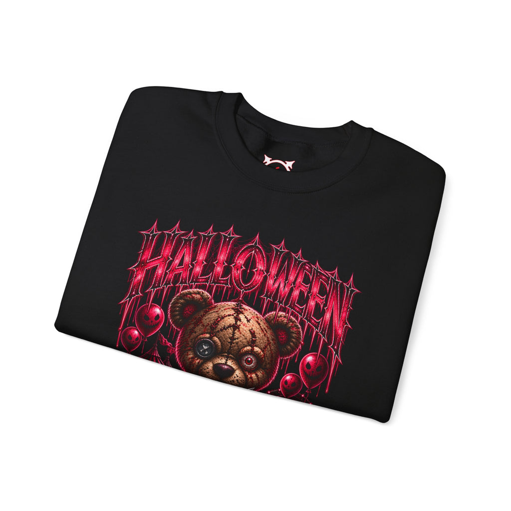 Playtime Is Over Creepy Teddy Bear Sweatshirt in Black — folded view