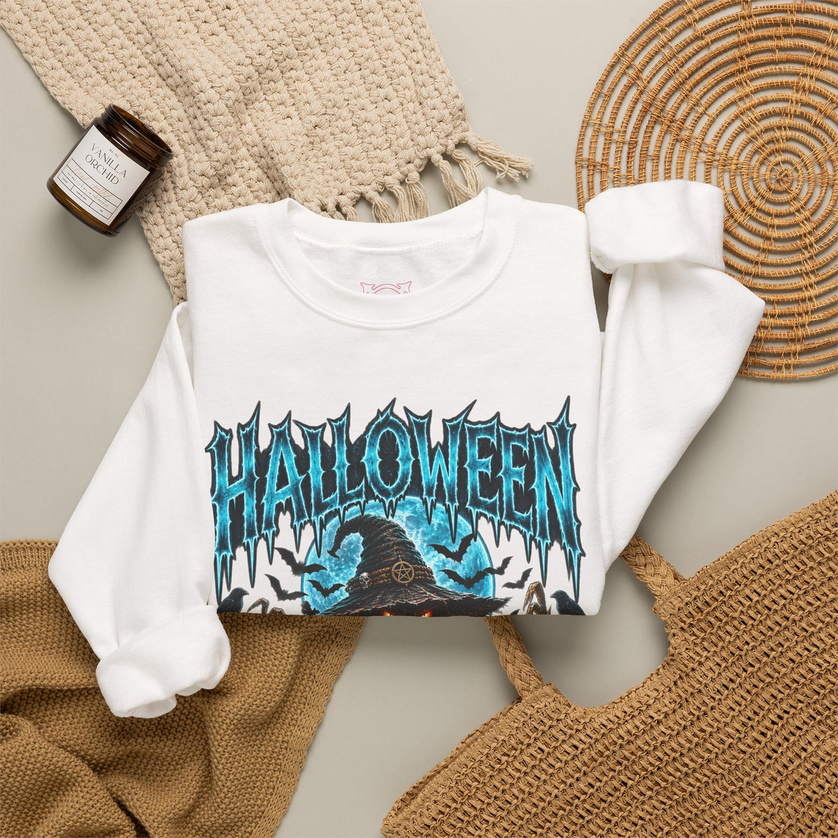 The Fields Are Watching Scarecrow Sweatshirt in White — folded view