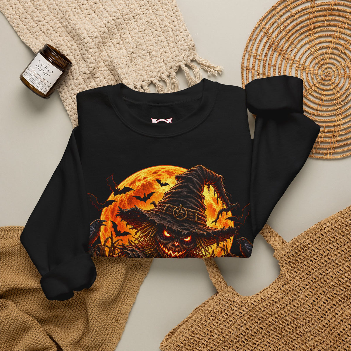 Fear Lives Here Scarecrow Sweatshirt in Black — folded view
