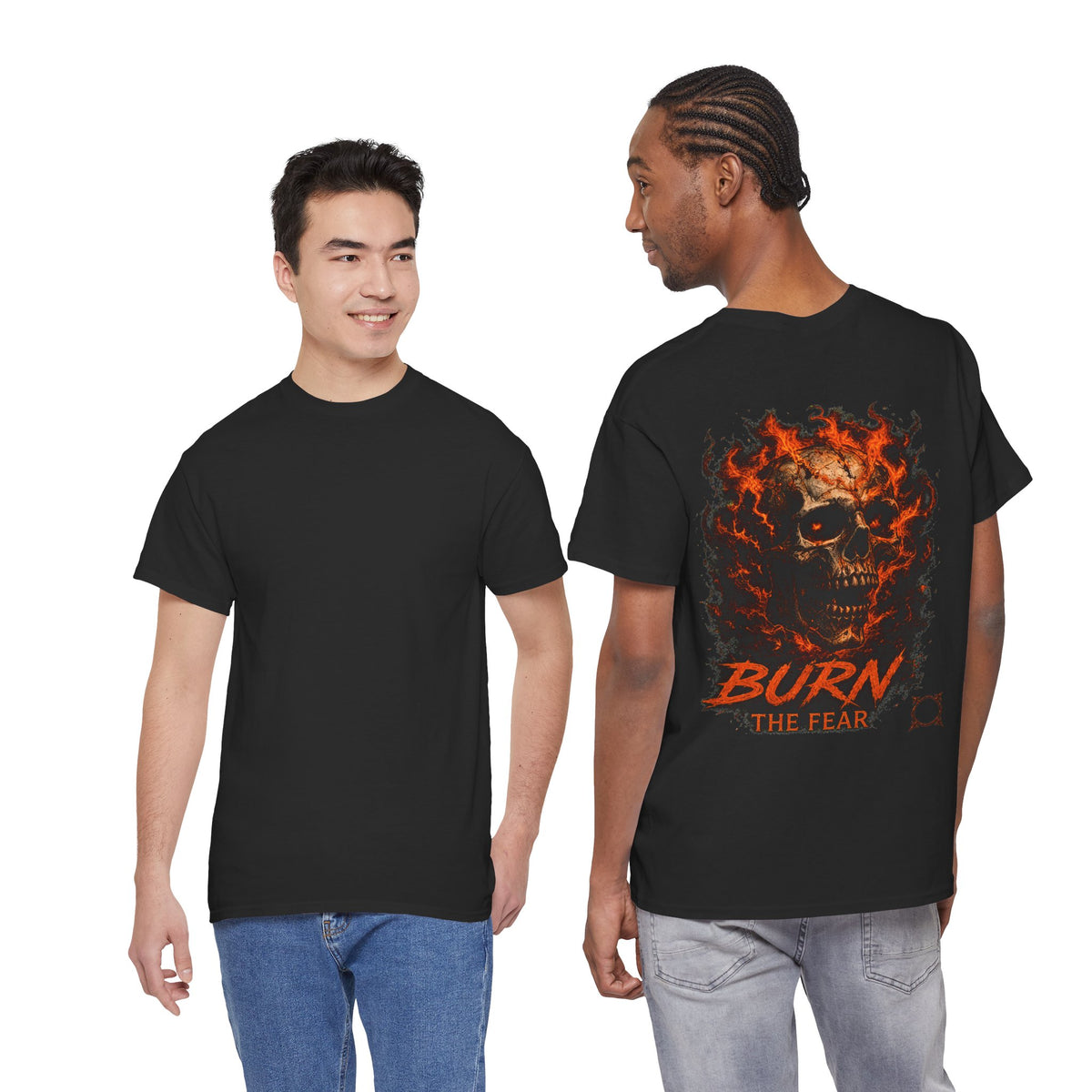 Burn the Fear Flaming Skull T-Shirt in Black — model view
