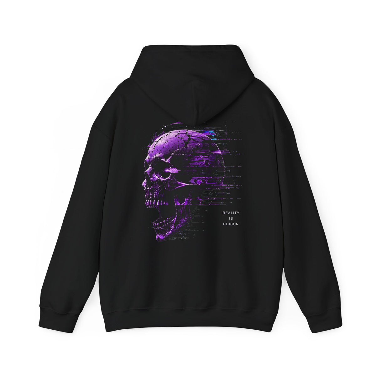 Reality Is Poison Glitch Skull Hoodie in Black — back view