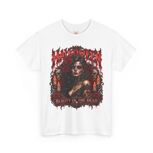 Beauty of the Dead Gothic Portrait T-Shirt in White — front view