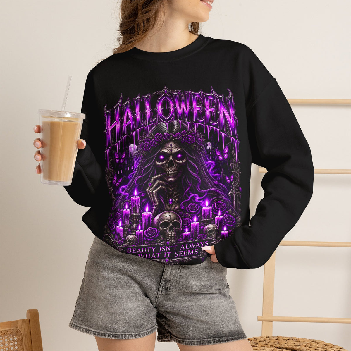 Beautiful Deception Skeleton Sweatshirt in Black — model view