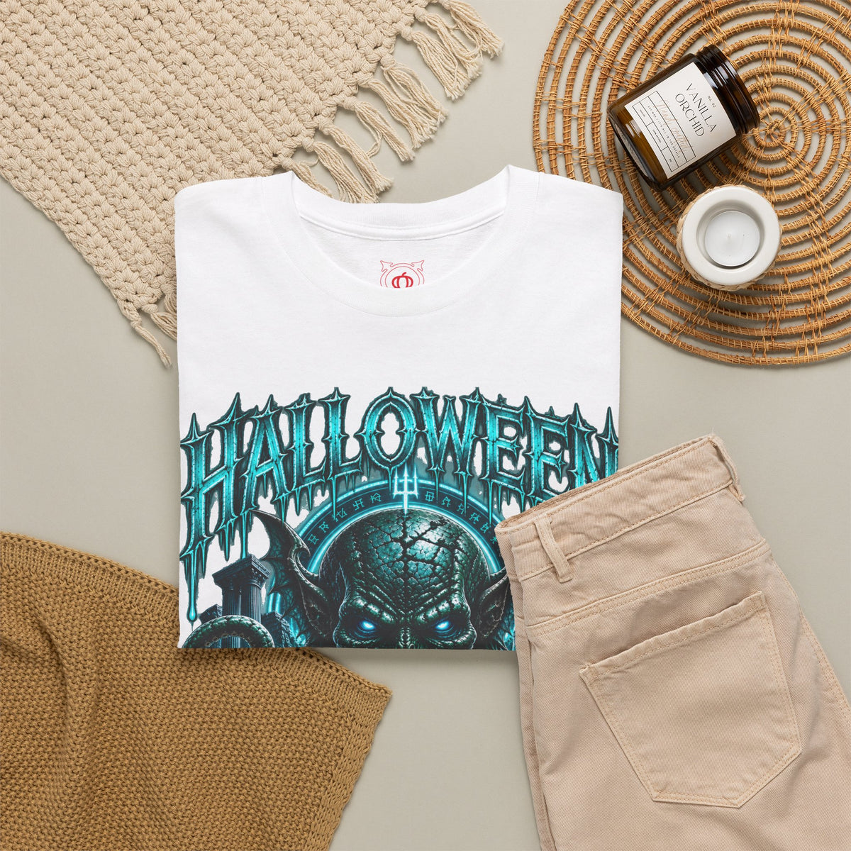 Ancient Awakening Tentacle Creature T-Shirt in White — folded view
