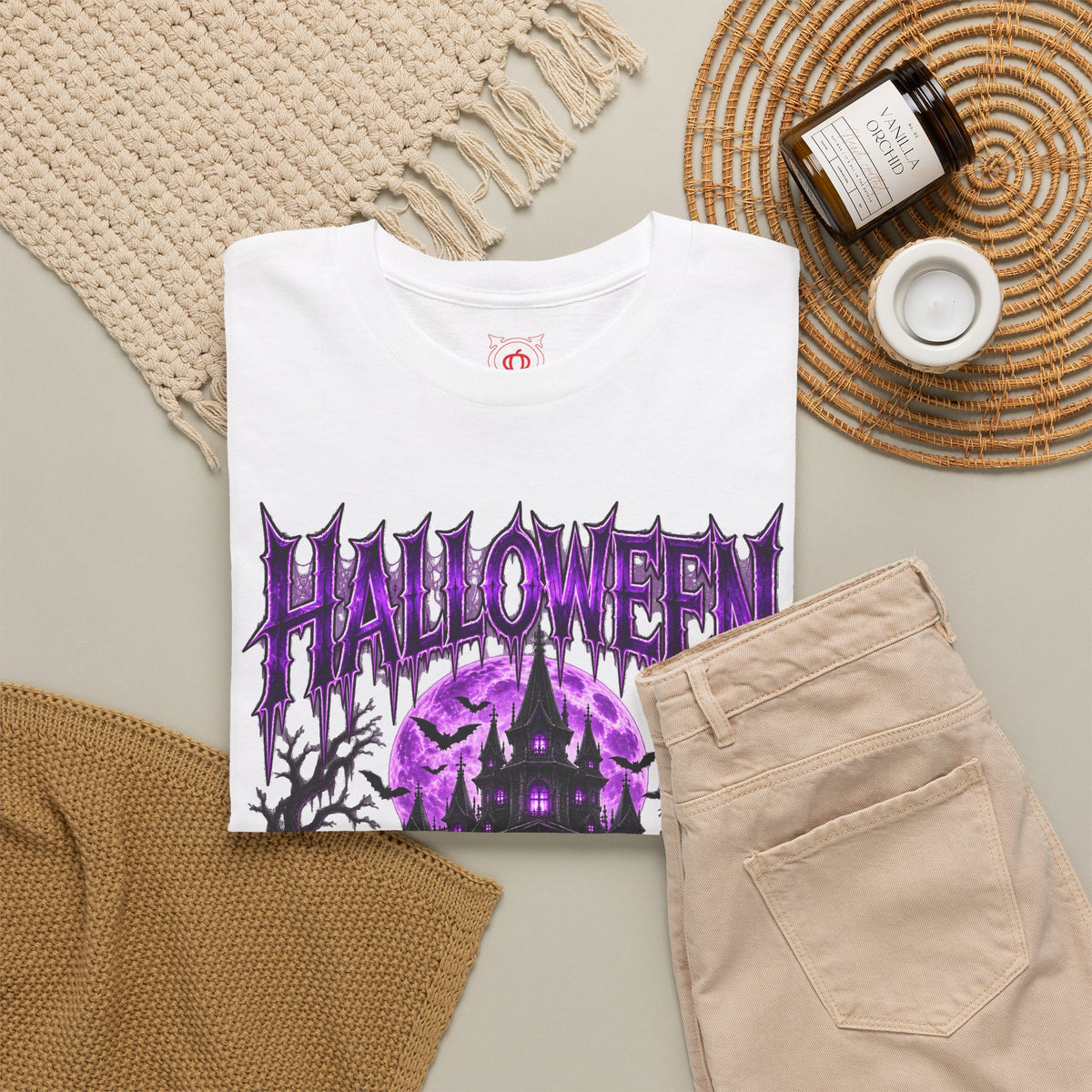 Enter If You Dare Haunted House T-Shirt in White — folded view
