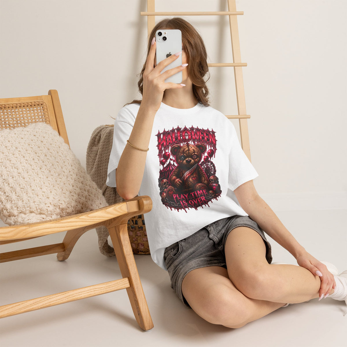 Playtime Is Over Creepy Teddy Bear T-Shirt in White — model view