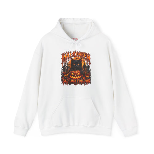Bad Luck Follows Black Cat Hoodie in White — front view