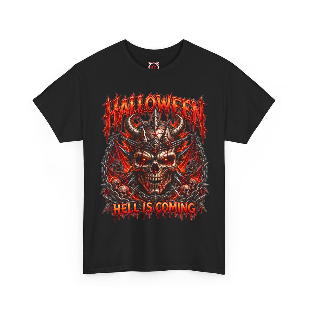 Hell Is Coming Horned Skull T-Shirt in Black — front view