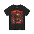 Hell Is Coming Horned Skull T-Shirt in Black — front view