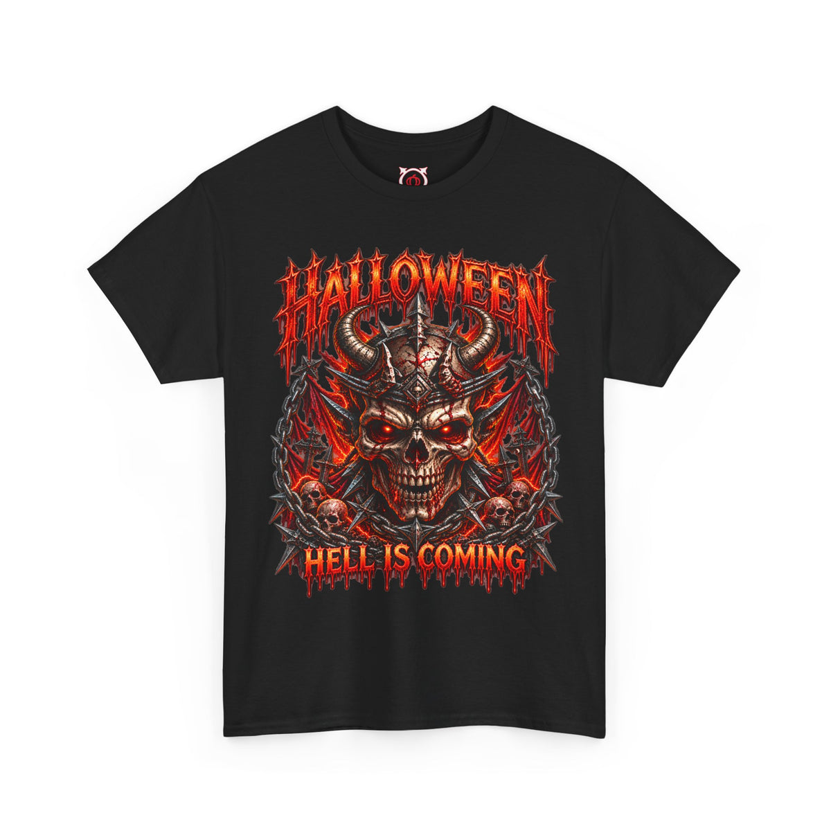Hell Is Coming Horned Skull T-Shirt in Black — front view
