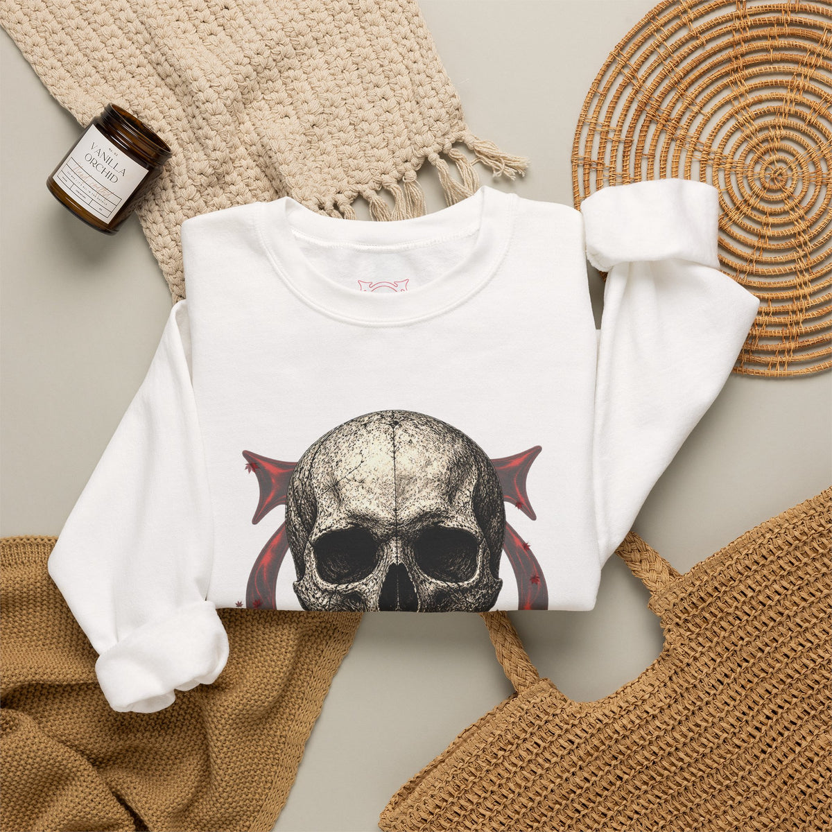Skull Temple Sweatshirt in White — folded view