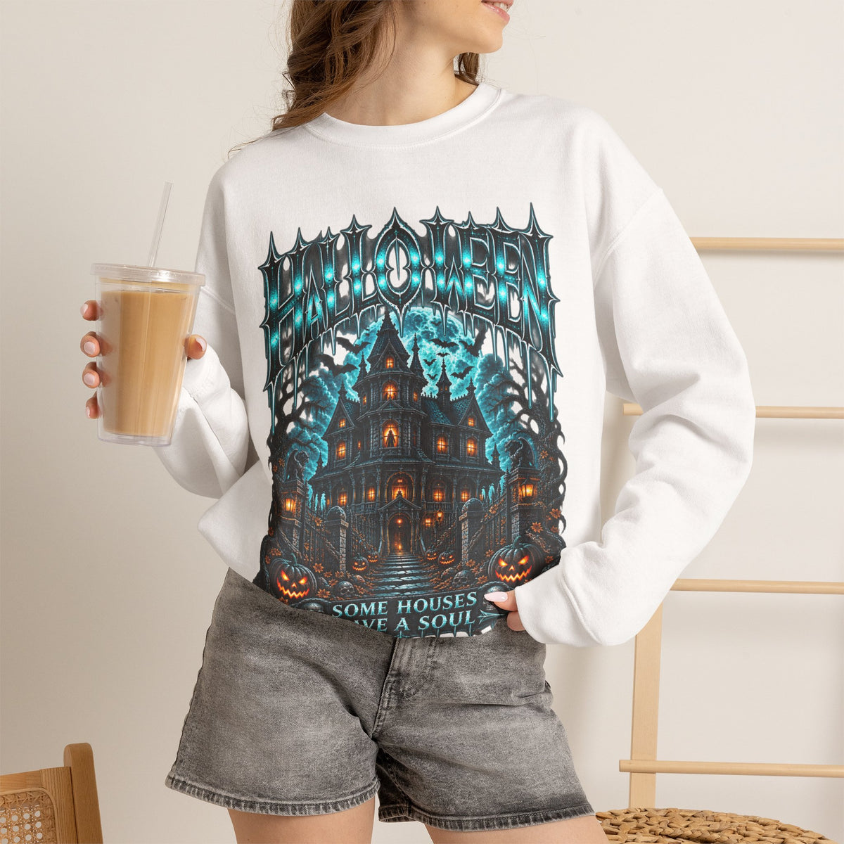Midnight Manor Haunted House Sweatshirt in White — model view