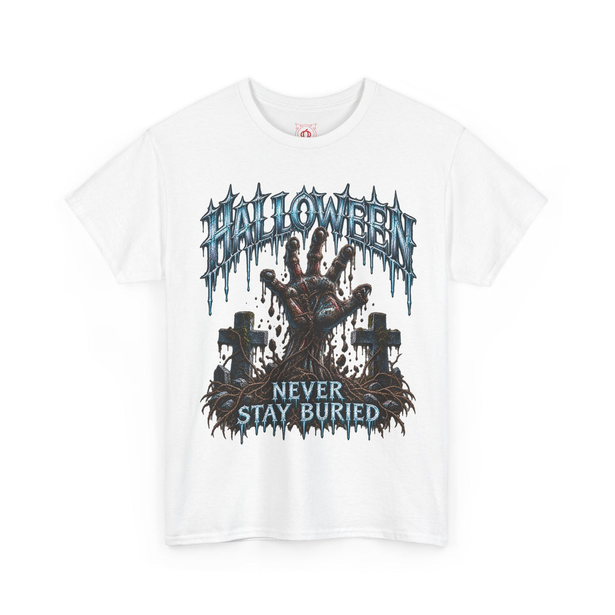 Never Stay Buried Zombie Hand T-Shirt in White — front view
